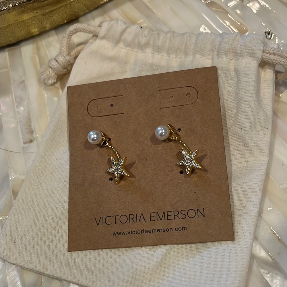 Victoria Emerson Gold Star Pearl Earrings New